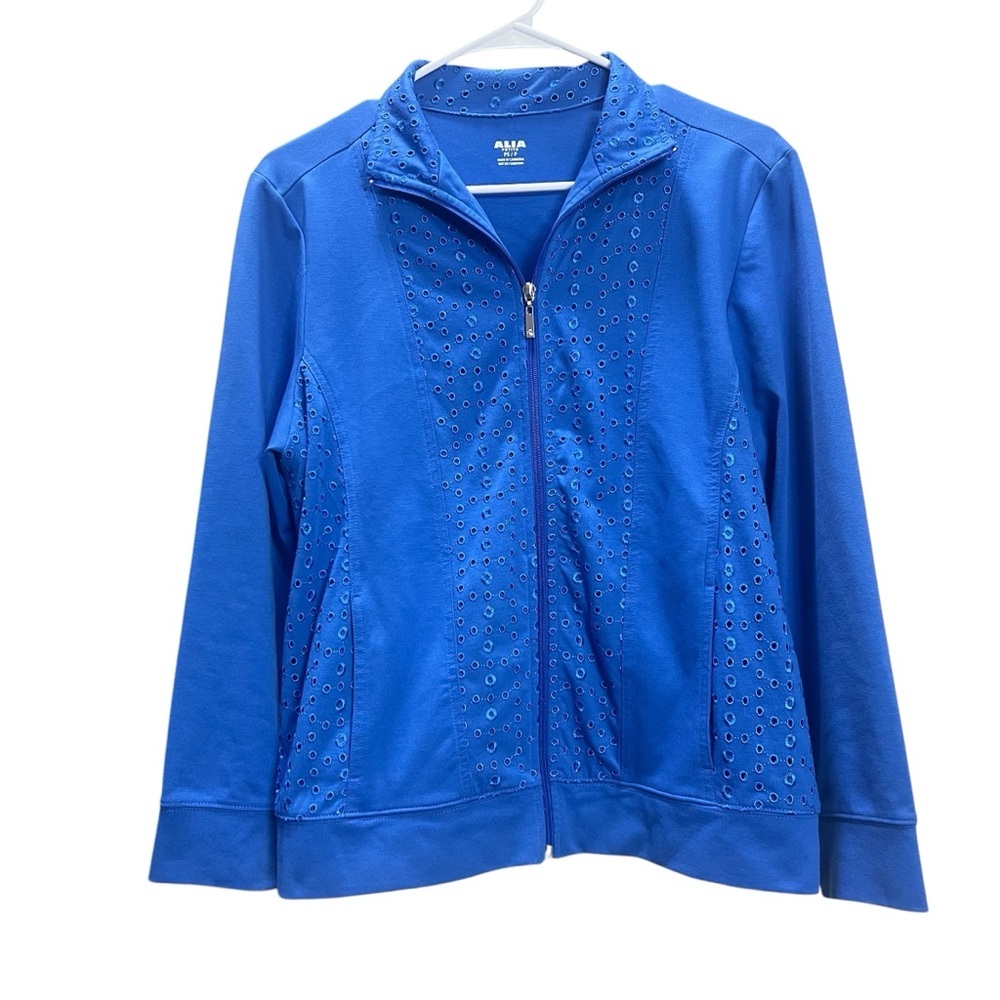 Women's Blue Jacket Coastal Pattern Zip Up Sweater Cardigan Small Cotton Blend